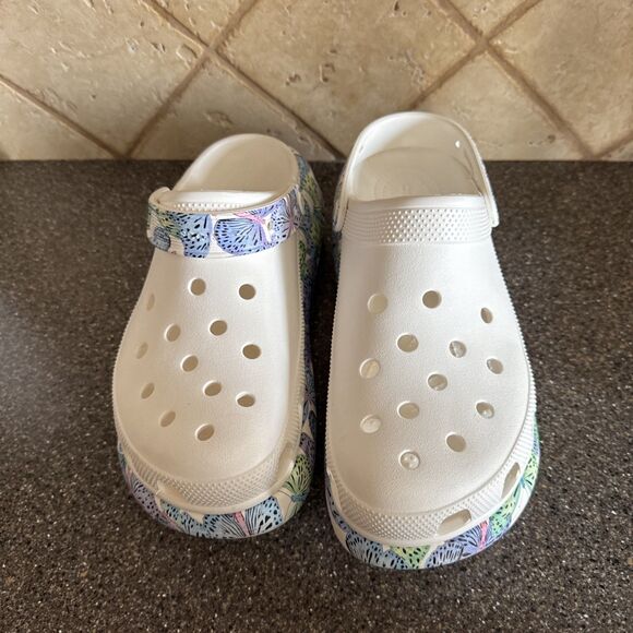 Crocs Classic Crush Butterfly Clog Platform Heel White Mens Size 9 Womens 11 - Picture 2 of 4